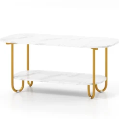 Couchtisch mit Faux-Marmorplatte 2-stufiger moderner Teetisch mit robustem Metallrahmen 100 x 50 x 45 cm