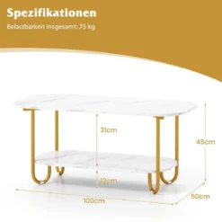 Couchtisch mit Faux-Marmorplatte 2-stufiger moderner Teetisch mit robustem Metallrahmen 100 x 50 x 45 cm