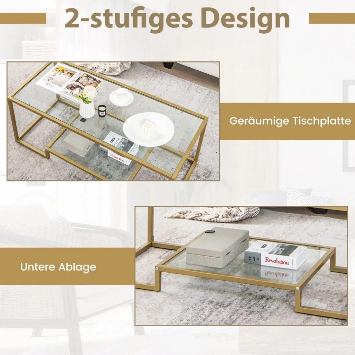 Couchtisch mit Glas Tischplatte & Metallrahmen Glastisch Kaffeetisch 114 x 51 x 43,5 cm Gold