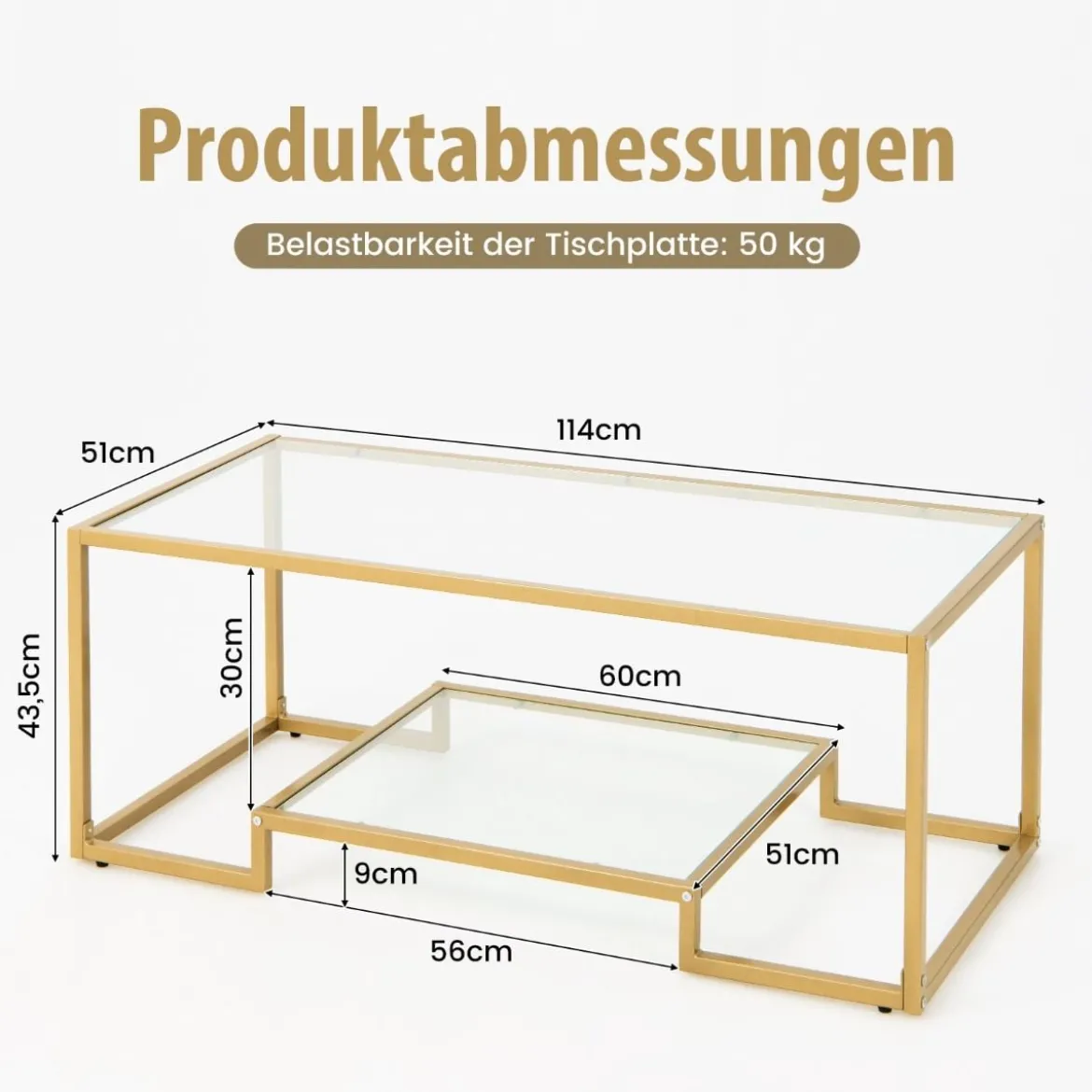 Couchtisch mit Glas Tischplatte & Metallrahmen Glastisch Kaffeetisch 114 x 51 x 43,5 cm Gold