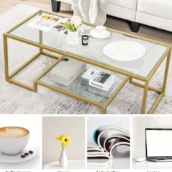 Couchtisch mit Glas Tischplatte & Metallrahmen Glastisch Kaffeetisch 114 x 51 x 43,5 cm Gold