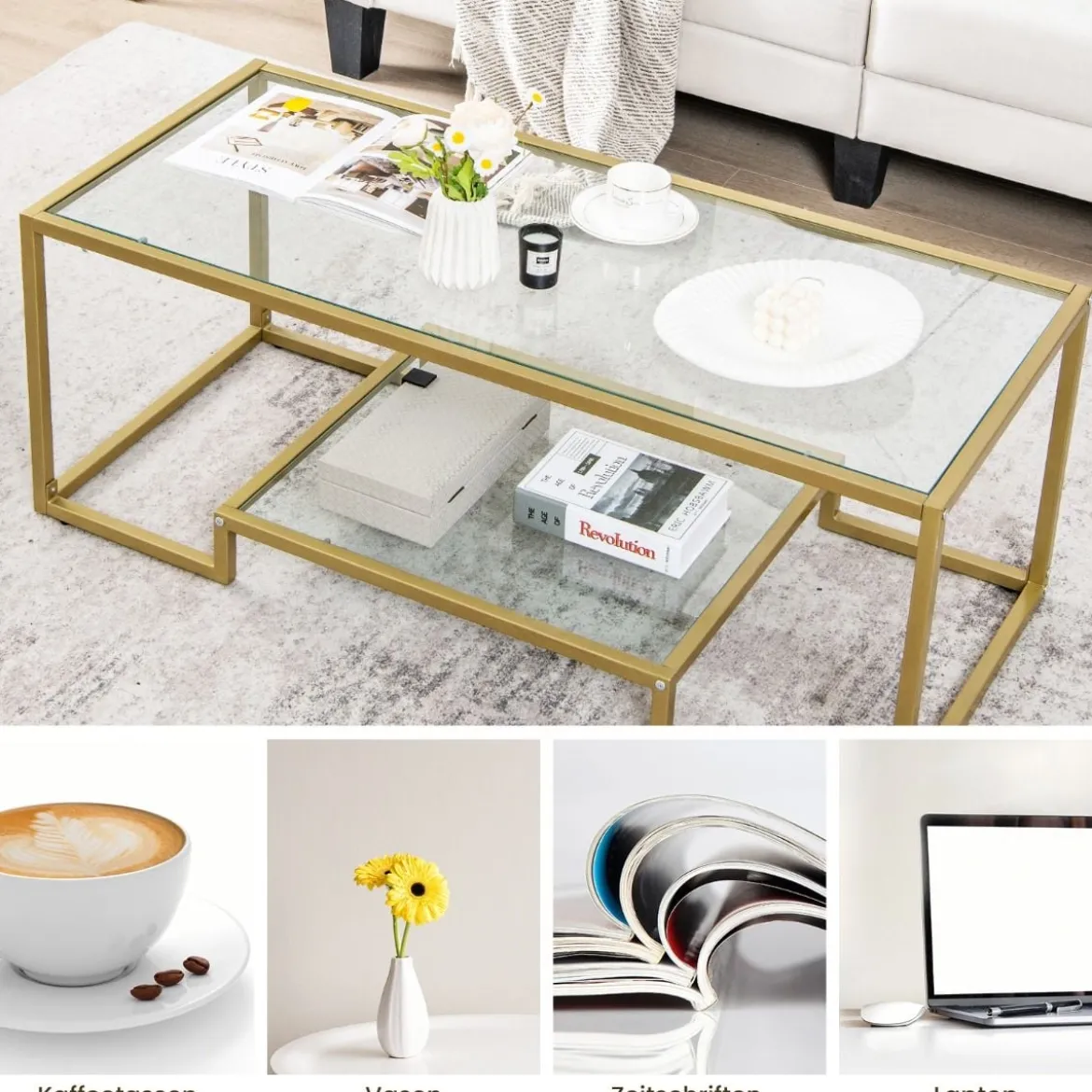 Couchtisch mit Glas Tischplatte & Metallrahmen Glastisch Kaffeetisch 114 x 51 x 43,5 cm Gold