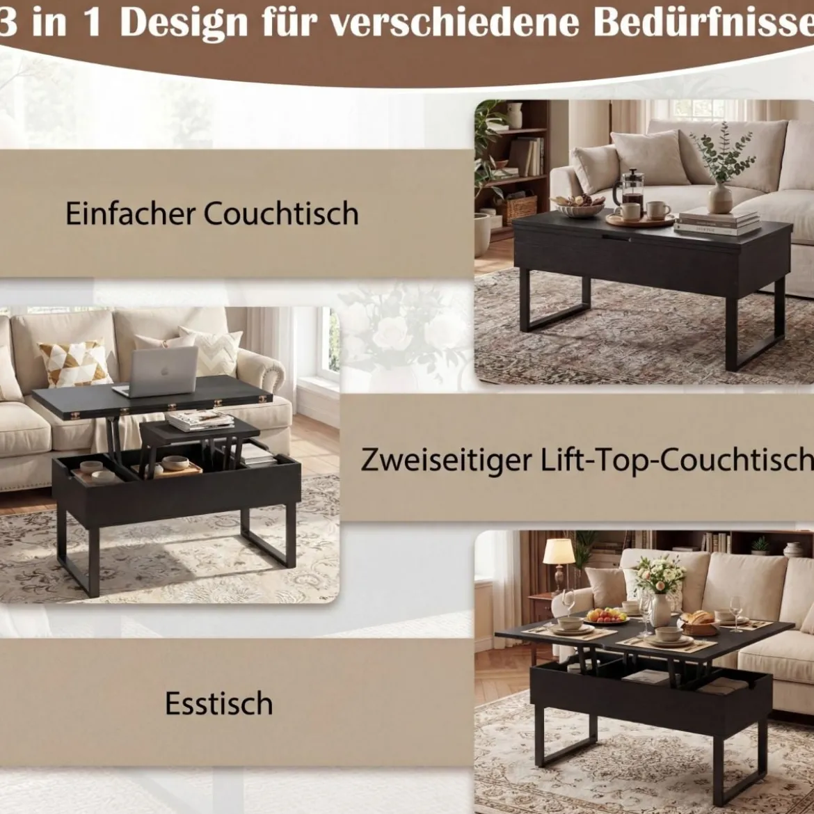 Couchtisch mit höhenverstellbarer Tischplatte 3 in 1 wandelbarer Kaffeetisch mit 3 versteckten Fächern Schwarz