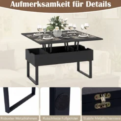 Couchtisch mit höhenverstellbarer Tischplatte 3 in 1 wandelbarer Kaffeetisch mit 3 versteckten Fächern Schwarz