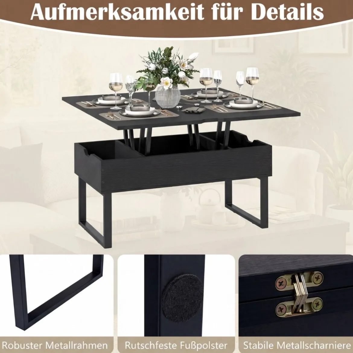 Couchtisch mit höhenverstellbarer Tischplatte 3 in 1 wandelbarer Kaffeetisch mit 3 versteckten Fächern Schwarz