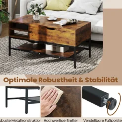 Couchtisch mit höhenverstellbare Tischplatte Wohnzimmertisch mit verstecktem Fach Holz Sofatisch mit Ablagefach Braun