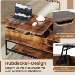 Couchtisch mit höhenverstellbare Tischplatte Wohnzimmertisch mit verstecktem Fach Holz Sofatisch mit Ablagefach Braun