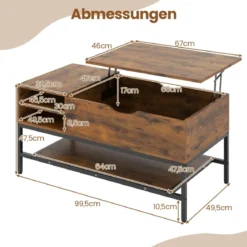 Couchtisch mit höhenverstellbare Tischplatte Wohnzimmertisch mit verstecktem Fach Holz Sofatisch mit Ablagefach Braun