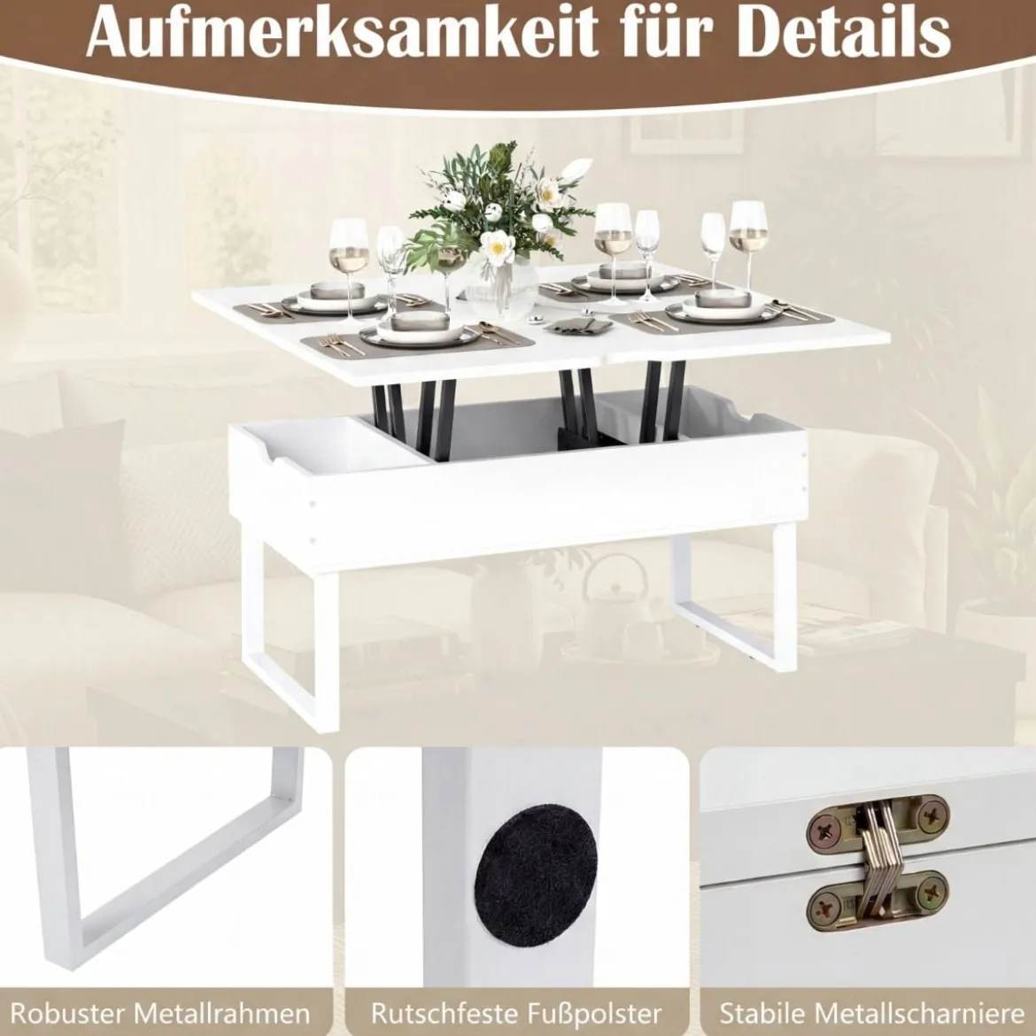 Couchtisch mit höhenverstellbarer Tischplatte 3 in 1 wandelbarer Kaffeetisch mit 3 versteckten Fächern Weiß
