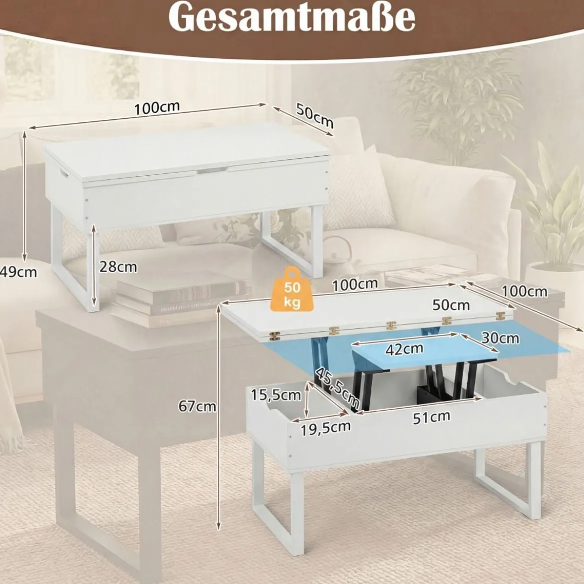 Couchtisch mit höhenverstellbarer Tischplatte 3 in 1 wandelbarer Kaffeetisch mit 3 versteckten Fächern Weiß
