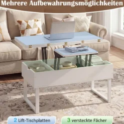 Couchtisch mit höhenverstellbarer Tischplatte 3 in 1 wandelbarer Kaffeetisch mit 3 versteckten Fächern Weiß