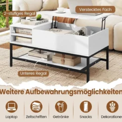 Couchtisch mit höhenverstellbare Tischplatte Wohnzimmertisch mit verstecktem Fach Holz Sofatisch mit Ablagefach Weiß