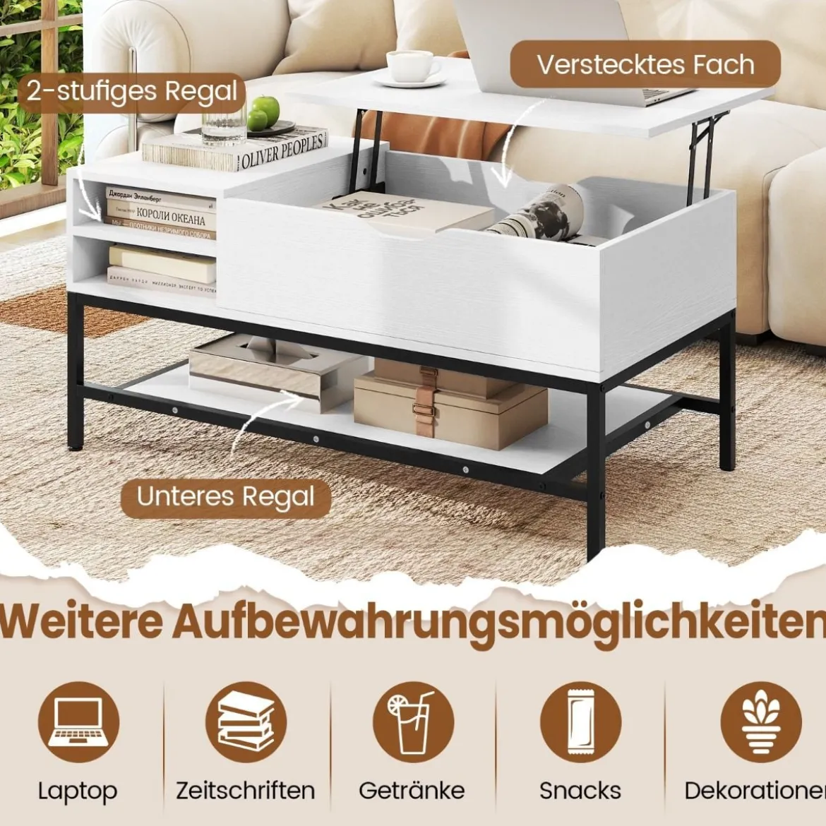 Couchtisch mit höhenverstellbare Tischplatte Wohnzimmertisch mit verstecktem Fach Holz Sofatisch mit Ablagefach Weiß