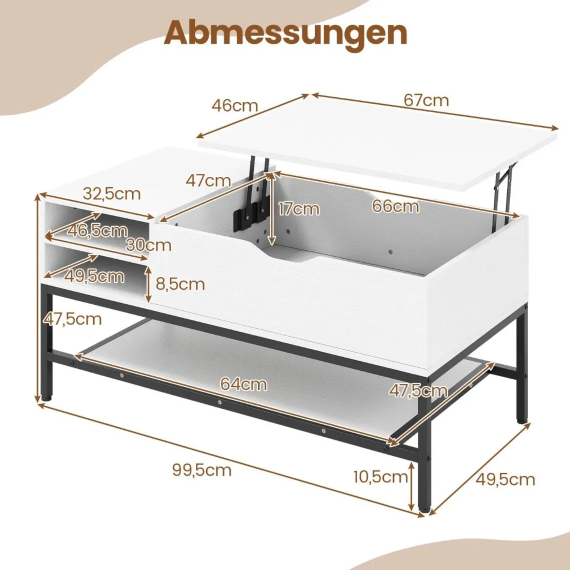 Couchtisch mit höhenverstellbare Tischplatte Wohnzimmertisch mit verstecktem Fach Holz Sofatisch mit Ablagefach Weiß