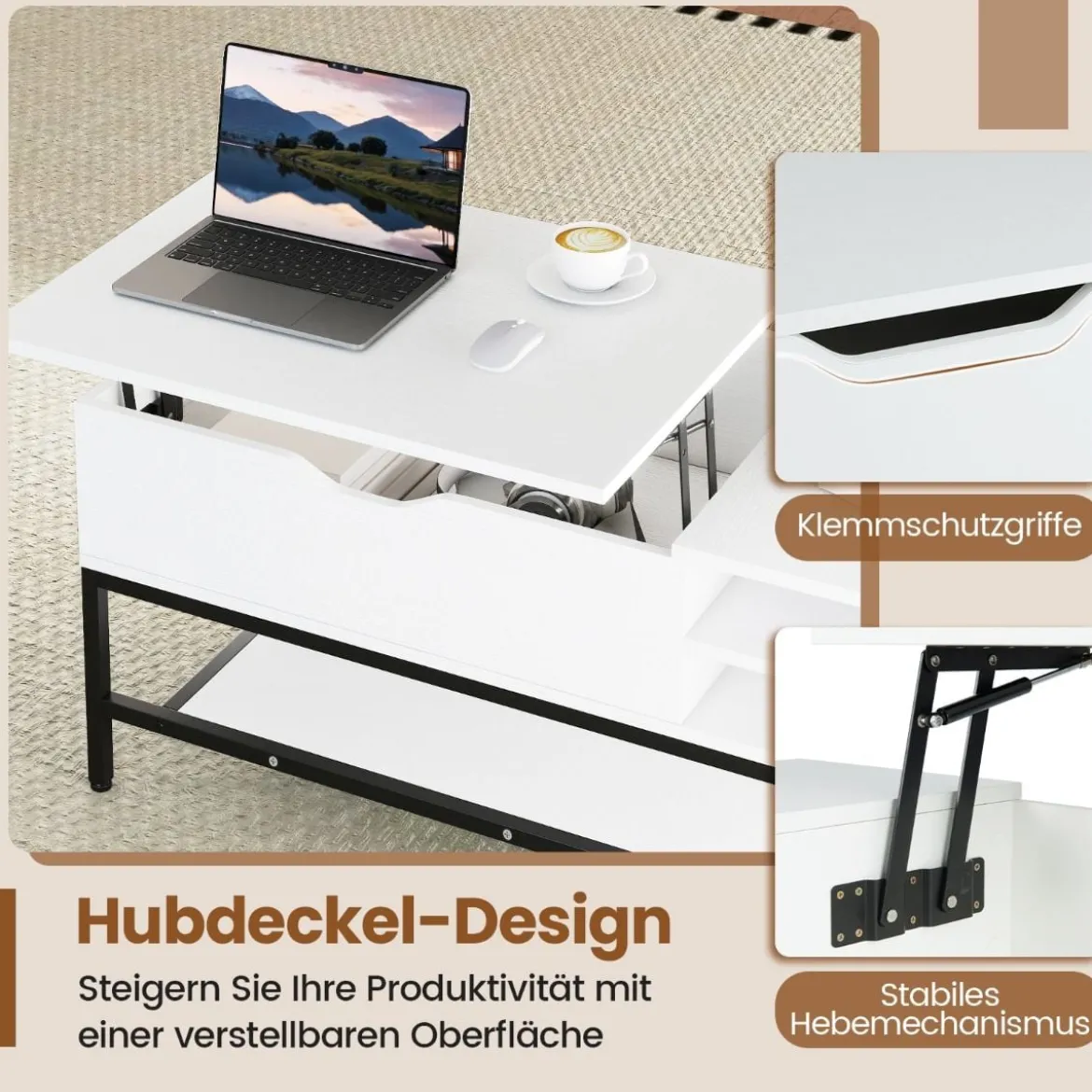 Couchtisch mit höhenverstellbare Tischplatte Wohnzimmertisch mit verstecktem Fach Holz Sofatisch mit Ablagefach Weiß