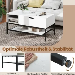 Couchtisch mit höhenverstellbare Tischplatte Wohnzimmertisch mit verstecktem Fach Holz Sofatisch mit Ablagefach Weiß