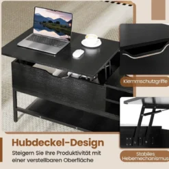 Couchtisch mit höhenverstellbare Tischplatte Wohnzimmertisch mit verstecktem Fach Holz Sofatisch mit Ablagefach Schwarz