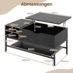 Couchtisch mit höhenverstellbare Tischplatte Wohnzimmertisch mit verstecktem Fach Holz Sofatisch mit Ablagefach Schwarz