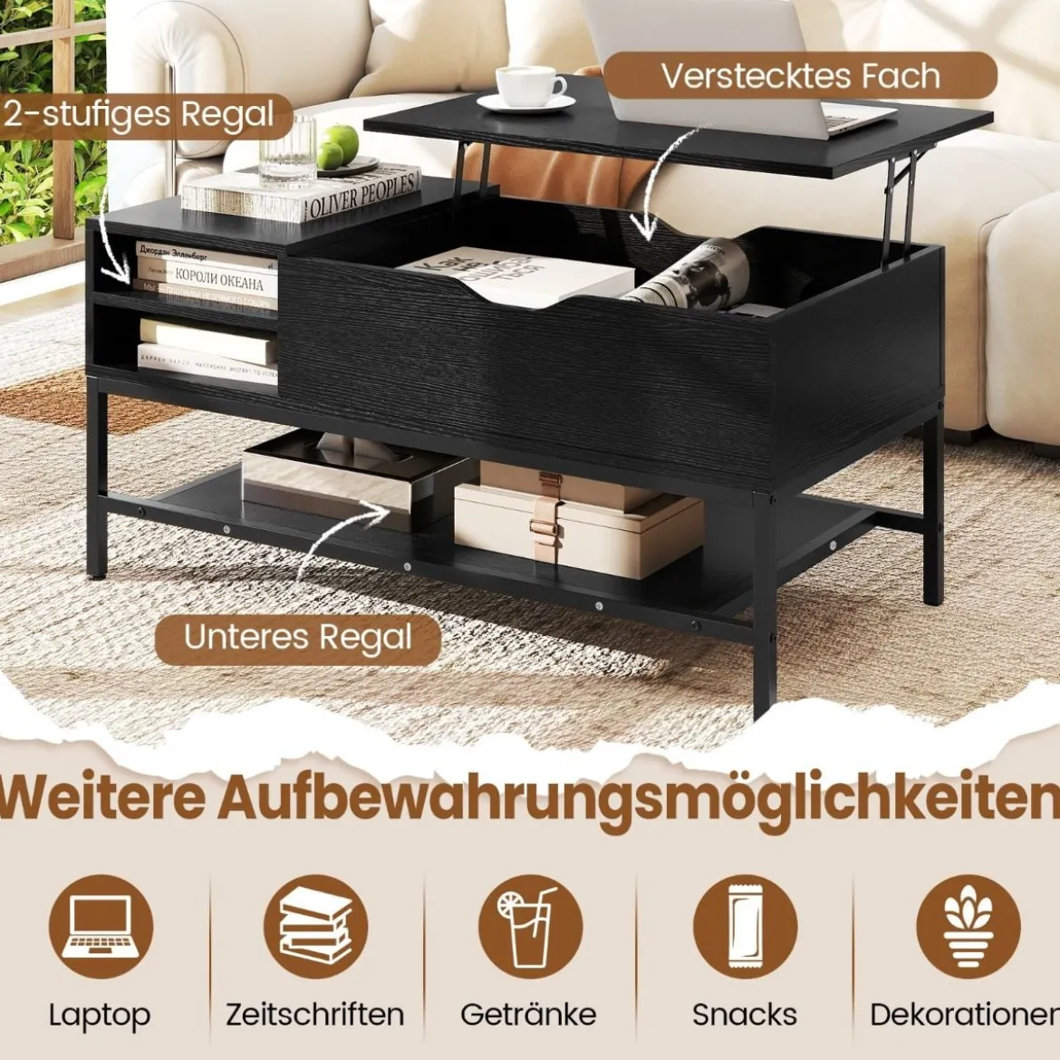 Couchtisch mit höhenverstellbare Tischplatte Wohnzimmertisch mit verstecktem Fach Holz Sofatisch mit Ablagefach Schwarz