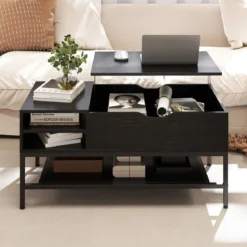 Couchtisch mit höhenverstellbare Tischplatte Wohnzimmertisch mit verstecktem Fach Holz Sofatisch mit Ablagefach Schwarz