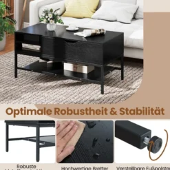 Couchtisch mit höhenverstellbare Tischplatte Wohnzimmertisch mit verstecktem Fach Holz Sofatisch mit Ablagefach Schwarz