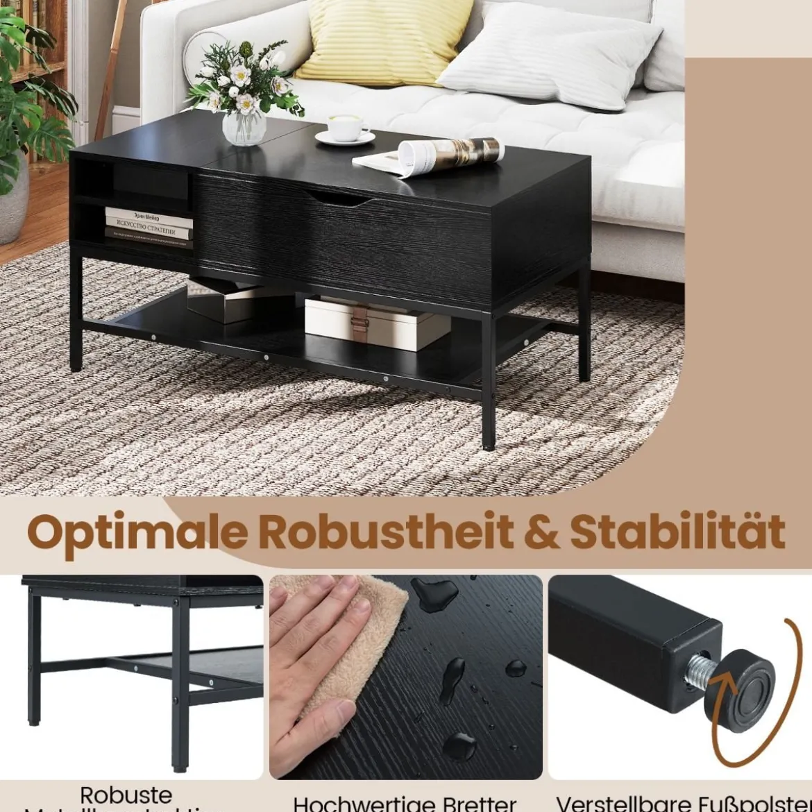 Couchtisch mit höhenverstellbare Tischplatte Wohnzimmertisch mit verstecktem Fach Holz Sofatisch mit Ablagefach Schwarz