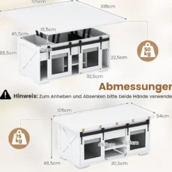 Couchtisch mit höhenverstellbarer Tischplatte 105 cm Landhaus-Center-Tisch mit 2 Schiebetüren Weiß