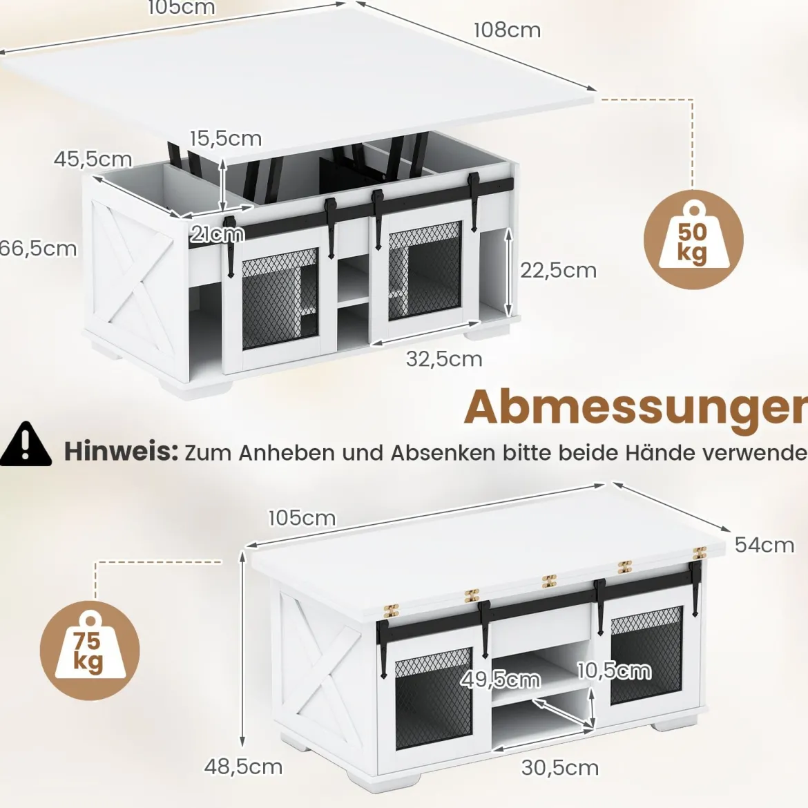 Couchtisch mit höhenverstellbarer Tischplatte 105 cm Landhaus-Center-Tisch mit 2 Schiebetüren Weiß