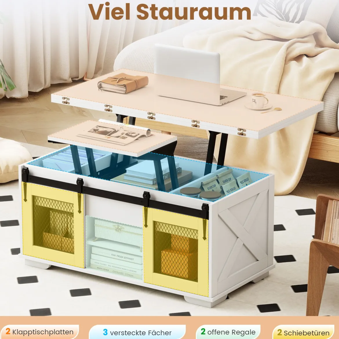 Couchtisch mit höhenverstellbarer Tischplatte 105 cm Landhaus-Center-Tisch mit 2 Schiebetüren Weiß