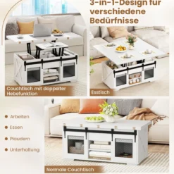 Couchtisch mit höhenverstellbarer Tischplatte 105 cm Landhaus-Center-Tisch mit 2 Schiebetüren Weiß
