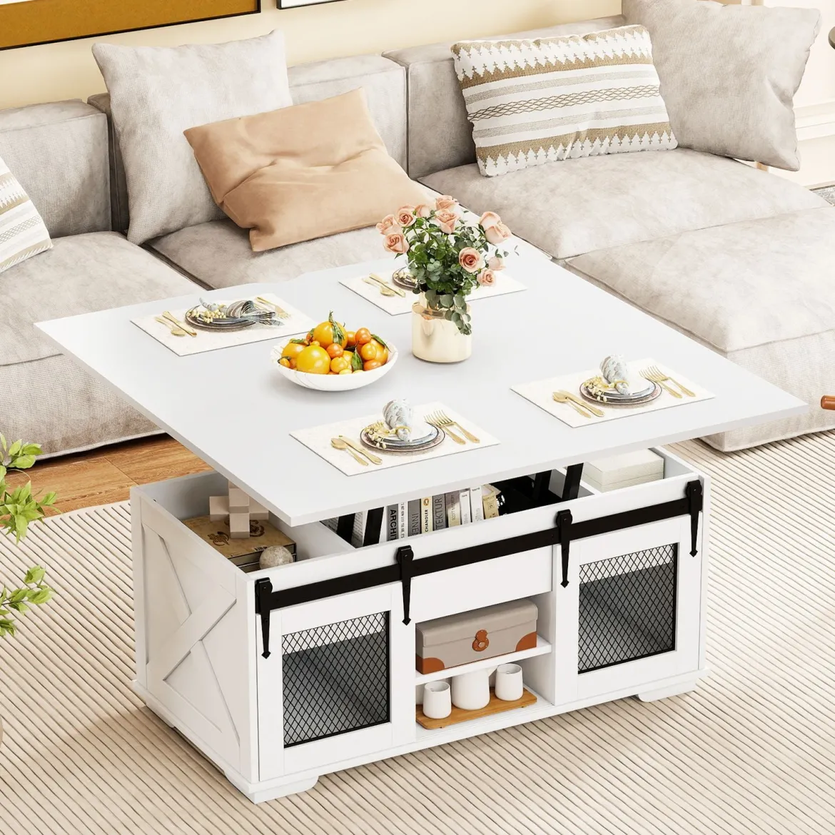 Couchtisch mit höhenverstellbarer Tischplatte 105 cm Landhaus-Center-Tisch mit 2 Schiebetüren Weiß