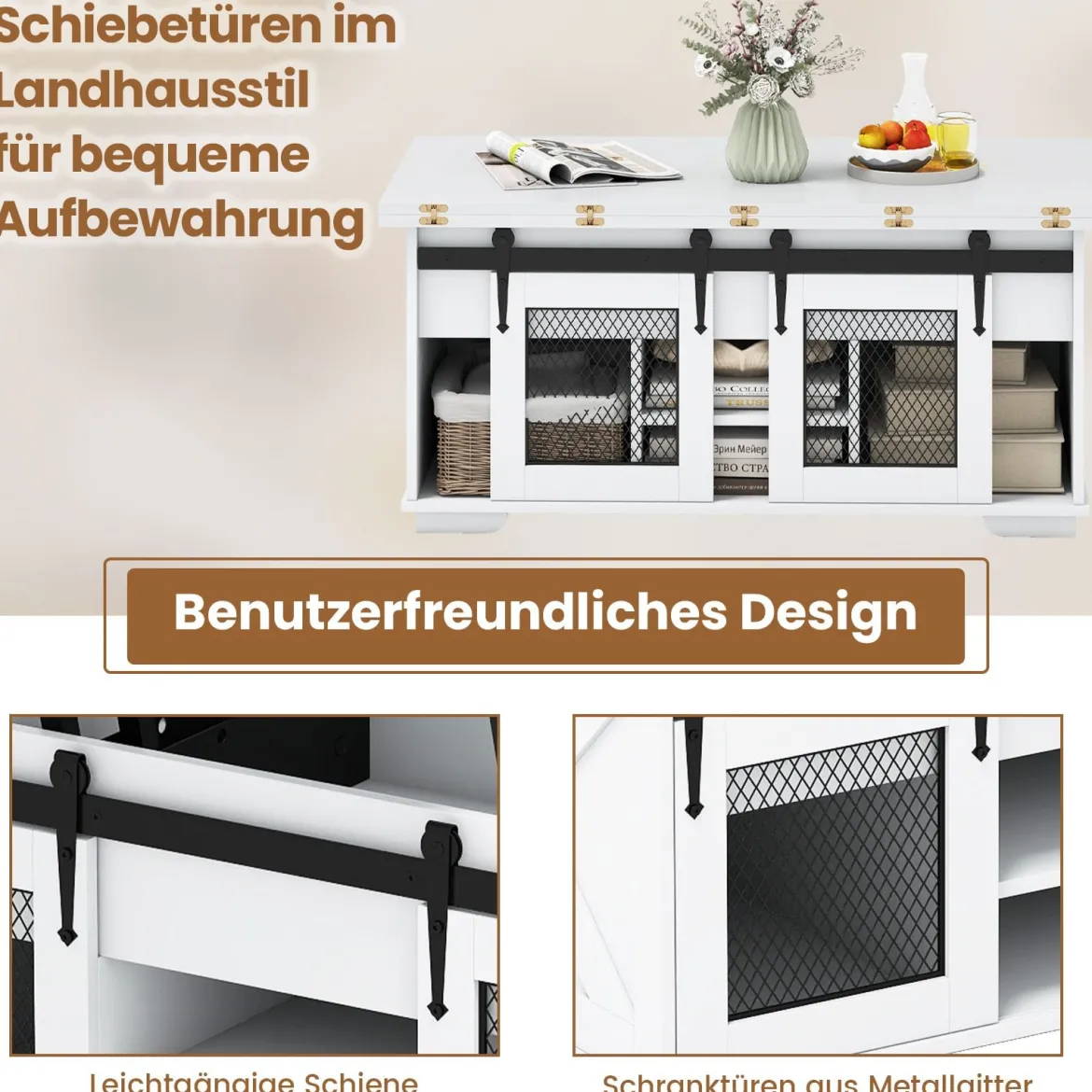 Couchtisch mit höhenverstellbarer Tischplatte 105 cm Landhaus-Center-Tisch mit 2 Schiebetüren Weiß
