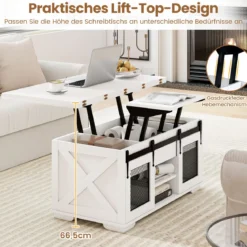 Couchtisch mit höhenverstellbarer Tischplatte 105 cm Landhaus-Center-Tisch mit 2 Schiebetüren Weiß