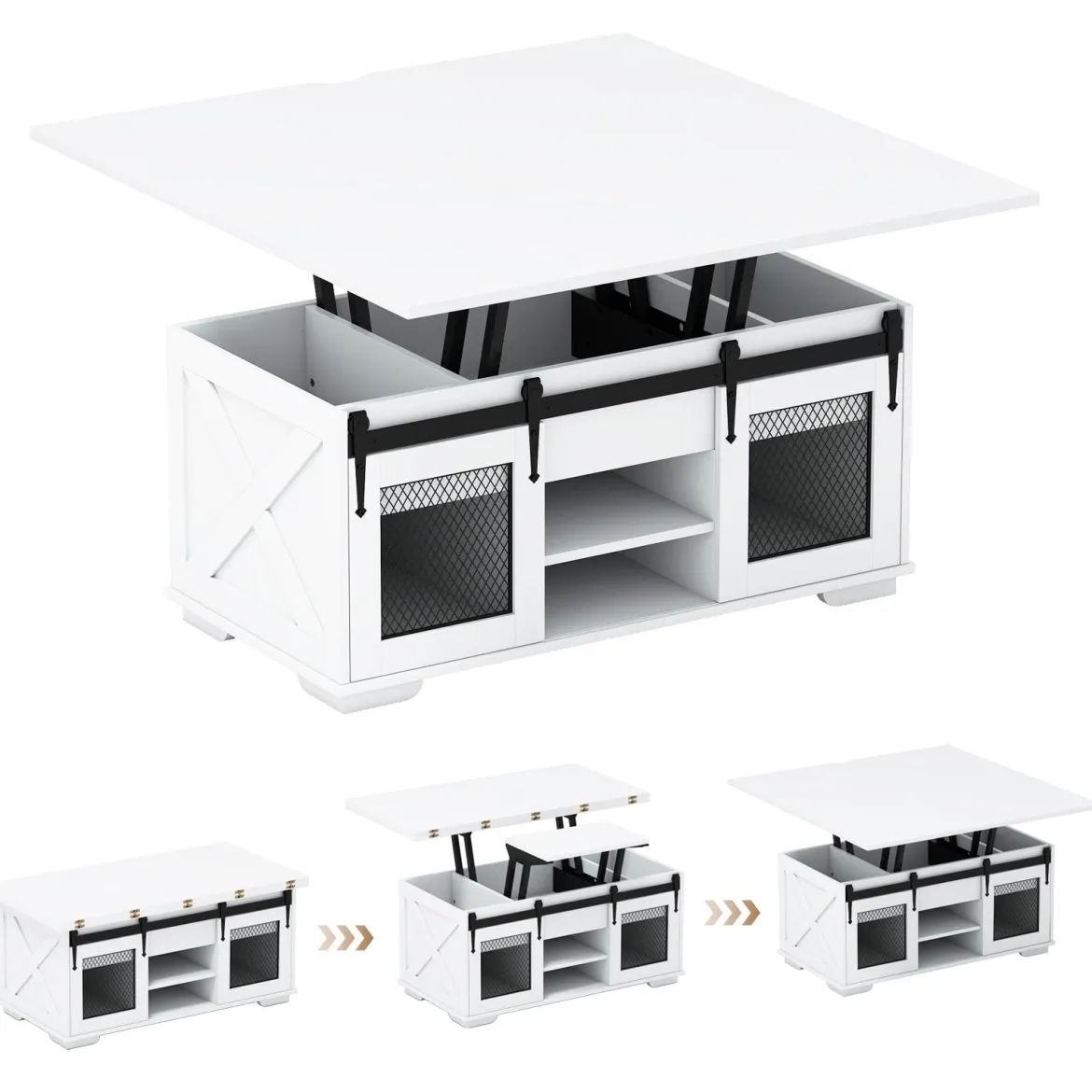 Couchtisch mit höhenverstellbarer Tischplatte 105 cm Landhaus-Center-Tisch mit 2 Schiebetüren Weiß