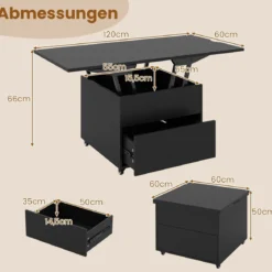 Couchtisch mit Höhenverstellbarer Platte 3-in-1 klappbarer Esstisch mit verstecktem Stauraum Schwarz