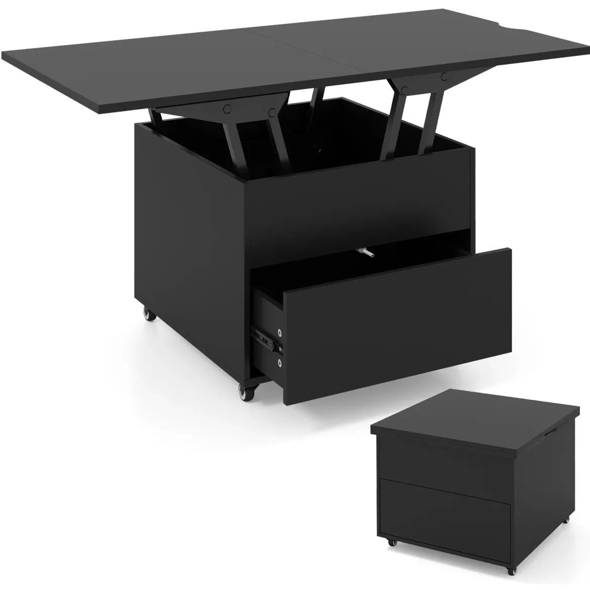 Couchtisch mit Höhenverstellbarer Platte 3-in-1 klappbarer Esstisch mit verstecktem Stauraum Schwarz