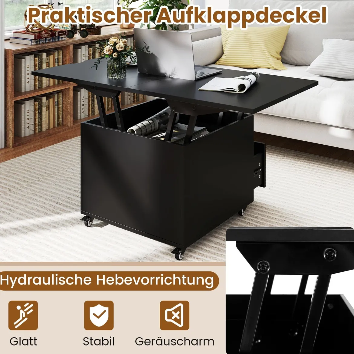 Couchtisch mit Höhenverstellbarer Platte 3-in-1 klappbarer Esstisch mit verstecktem Stauraum Schwarz