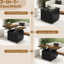 Couchtisch mit Höhenverstellbarer Platte 3-in-1 klappbarer Esstisch mit verstecktem Stauraum Schwarz
