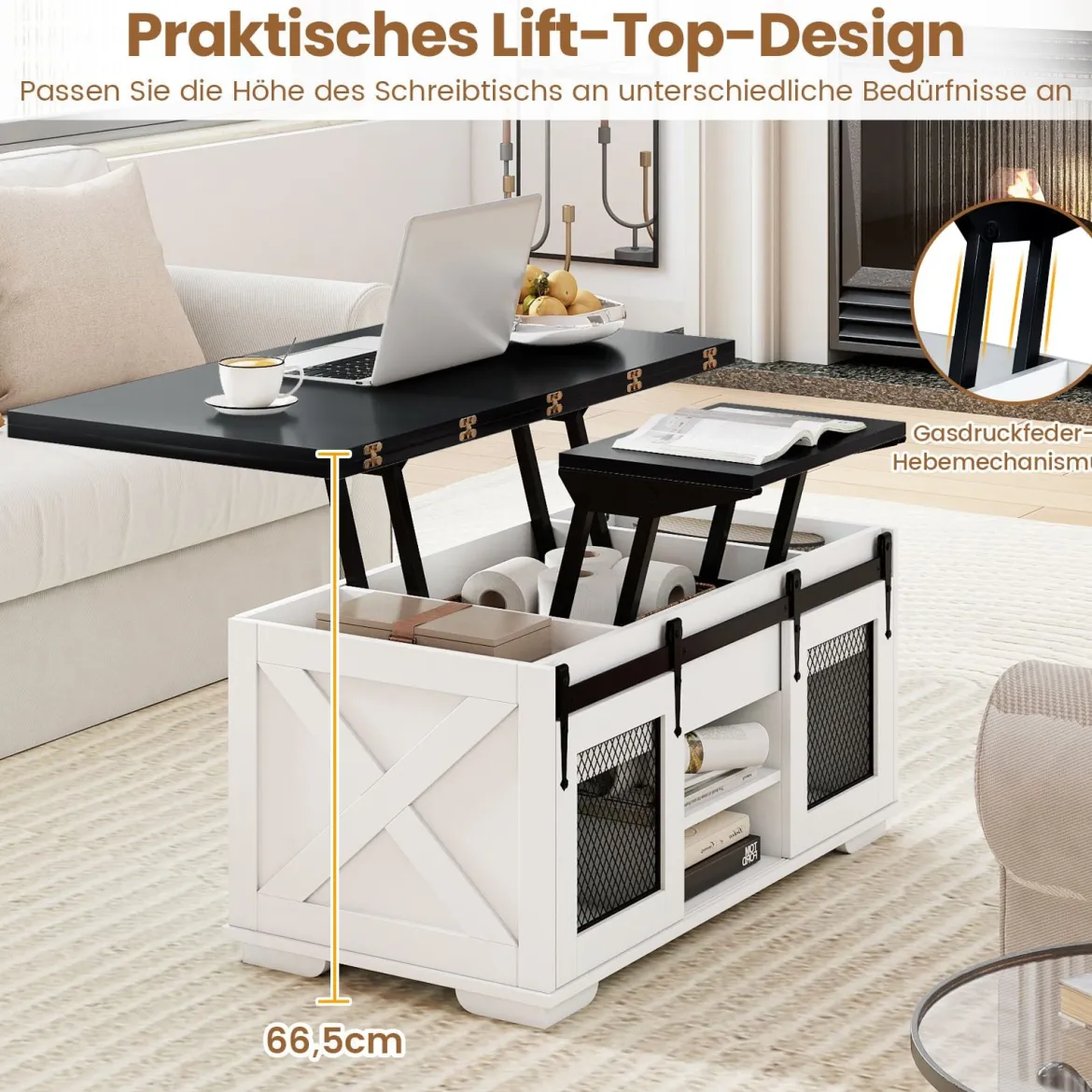 Couchtisch mit höhenverstellbarer Tischplatte 105 cm Landhaus-Center-Tisch mit 2 Schiebetüren Schwarz