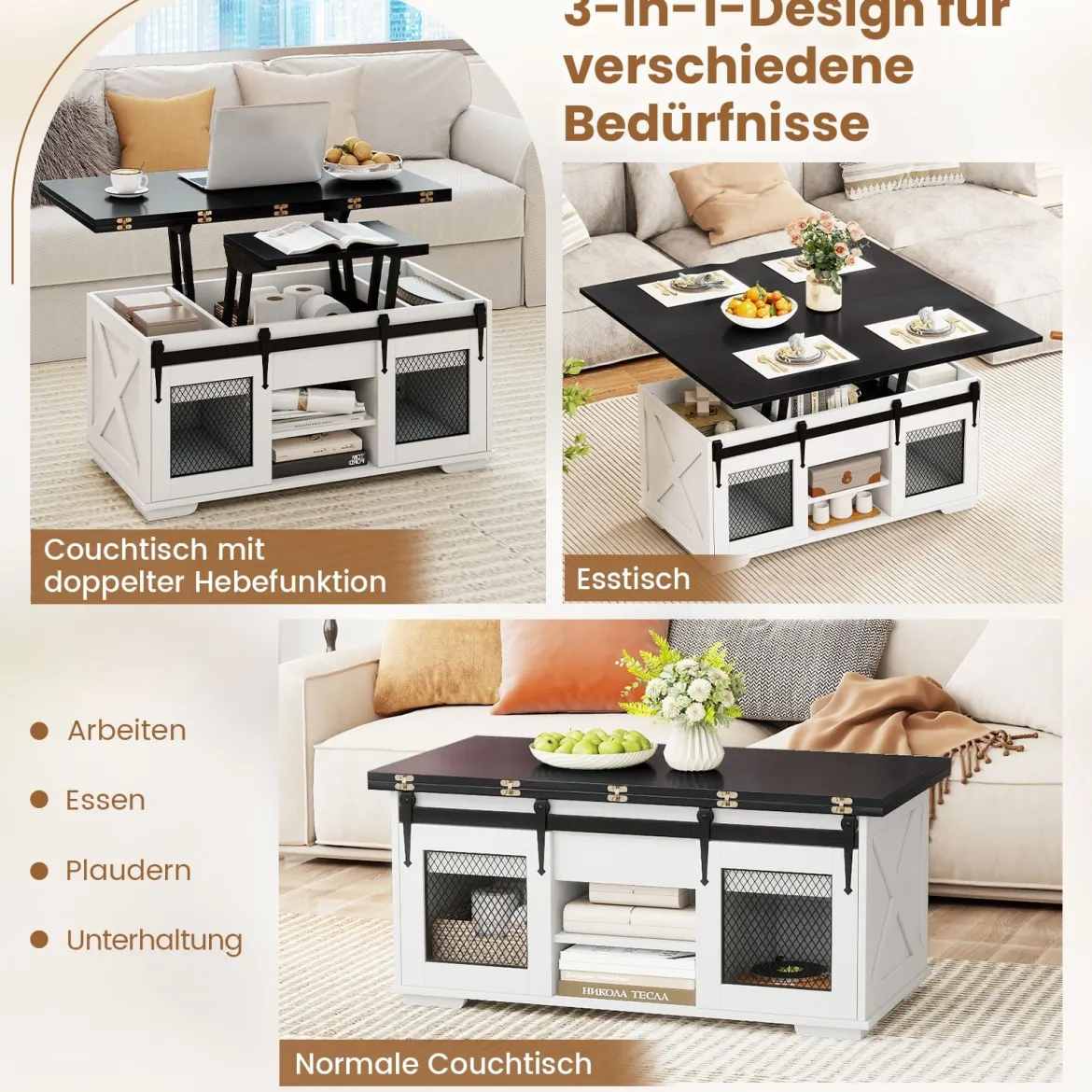 Couchtisch mit höhenverstellbarer Tischplatte 105 cm Landhaus-Center-Tisch mit 2 Schiebetüren Schwarz