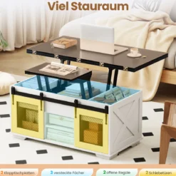 Couchtisch mit höhenverstellbarer Tischplatte 105 cm Landhaus-Center-Tisch mit 2 Schiebetüren Schwarz