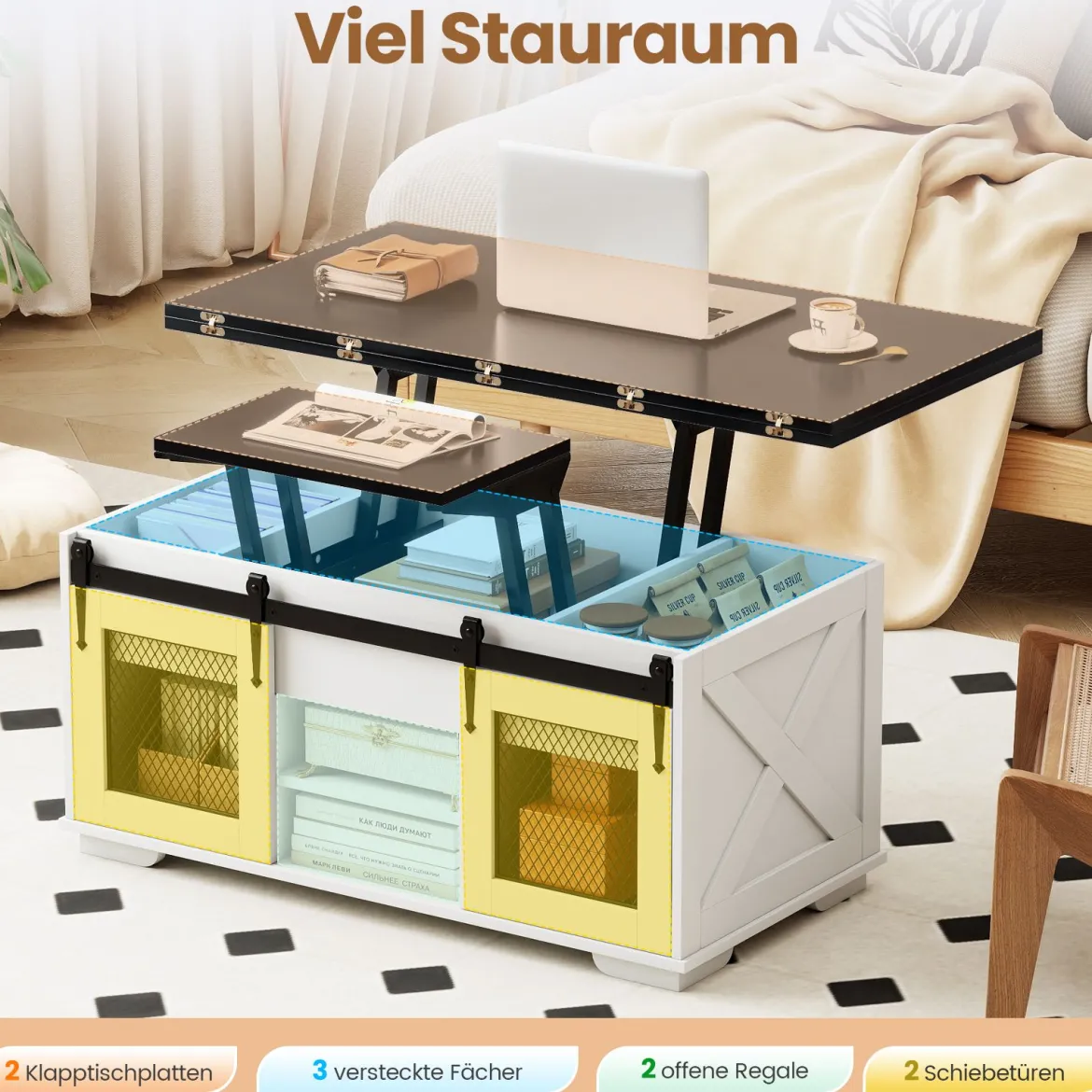 Couchtisch mit höhenverstellbarer Tischplatte 105 cm Landhaus-Center-Tisch mit 2 Schiebetüren Schwarz