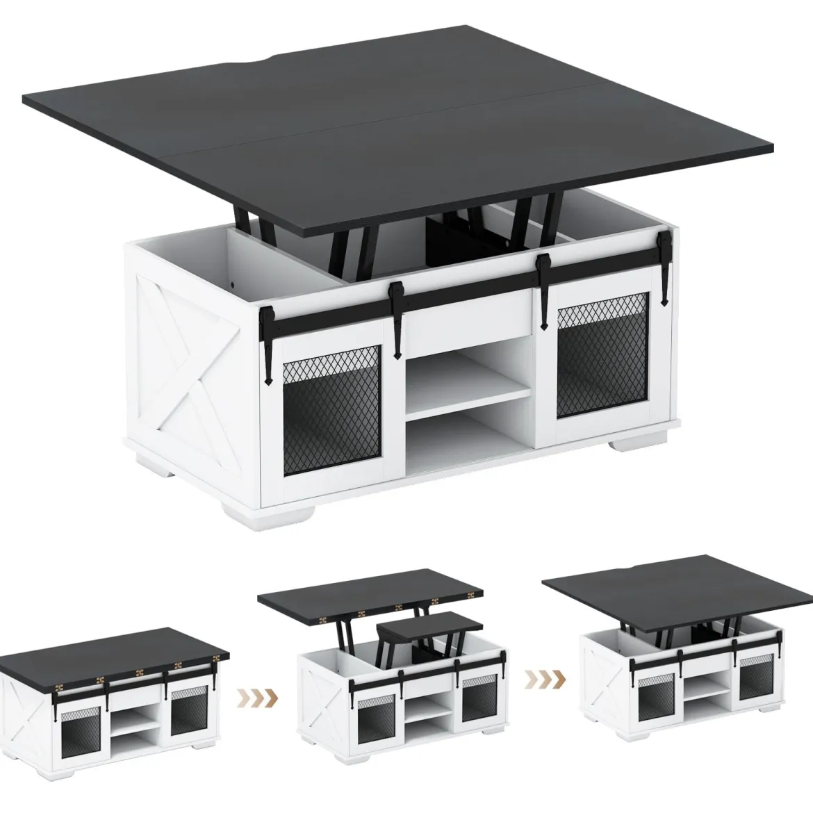Couchtisch mit höhenverstellbarer Tischplatte 105 cm Landhaus-Center-Tisch mit 2 Schiebetüren Schwarz