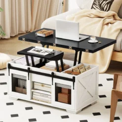 Couchtisch mit höhenverstellbarer Tischplatte 105 cm Landhaus-Center-Tisch mit 2 Schiebetüren Schwarz