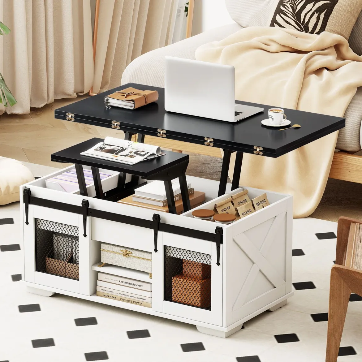 Couchtisch mit höhenverstellbarer Tischplatte 105 cm Landhaus-Center-Tisch mit 2 Schiebetüren Schwarz