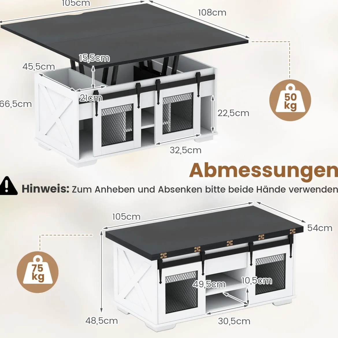 Couchtisch mit höhenverstellbarer Tischplatte 105 cm Landhaus-Center-Tisch mit 2 Schiebetüren Schwarz