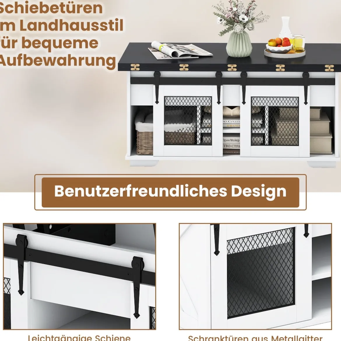 Couchtisch mit höhenverstellbarer Tischplatte 105 cm Landhaus-Center-Tisch mit 2 Schiebetüren Schwarz
