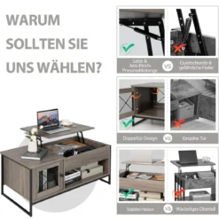 Couchtisch mit Hubplatte Mitteltisch mit Pneumatischer Hebevorrichtung 106 x 55 x 44,5 cm Grau