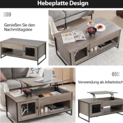Couchtisch mit Hubplatte Mitteltisch mit Pneumatischer Hebevorrichtung 106 x 55 x 44,5 cm Grau