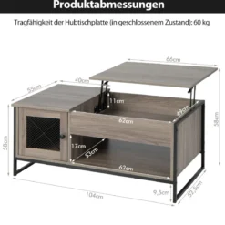 Couchtisch mit Hubplatte Mitteltisch mit Pneumatischer Hebevorrichtung 106 x 55 x 44,5 cm Grau